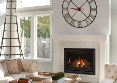 fireplace insert with tile surround and wooden mantel