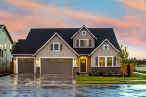 front view of a house at sunset